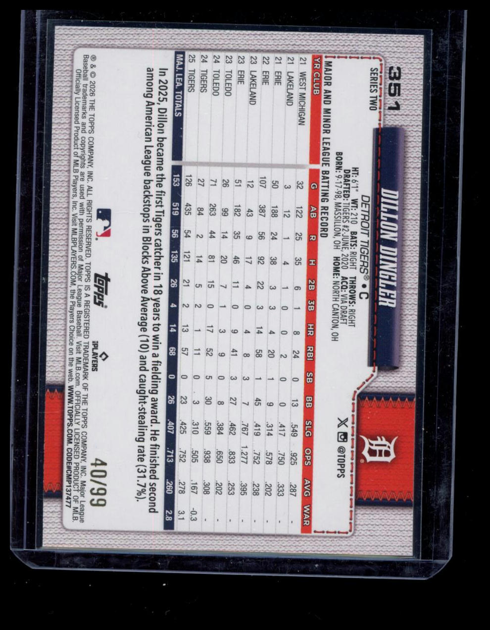 2026 Topps Series Two Dillon Dingler #351 Green holofoil /99