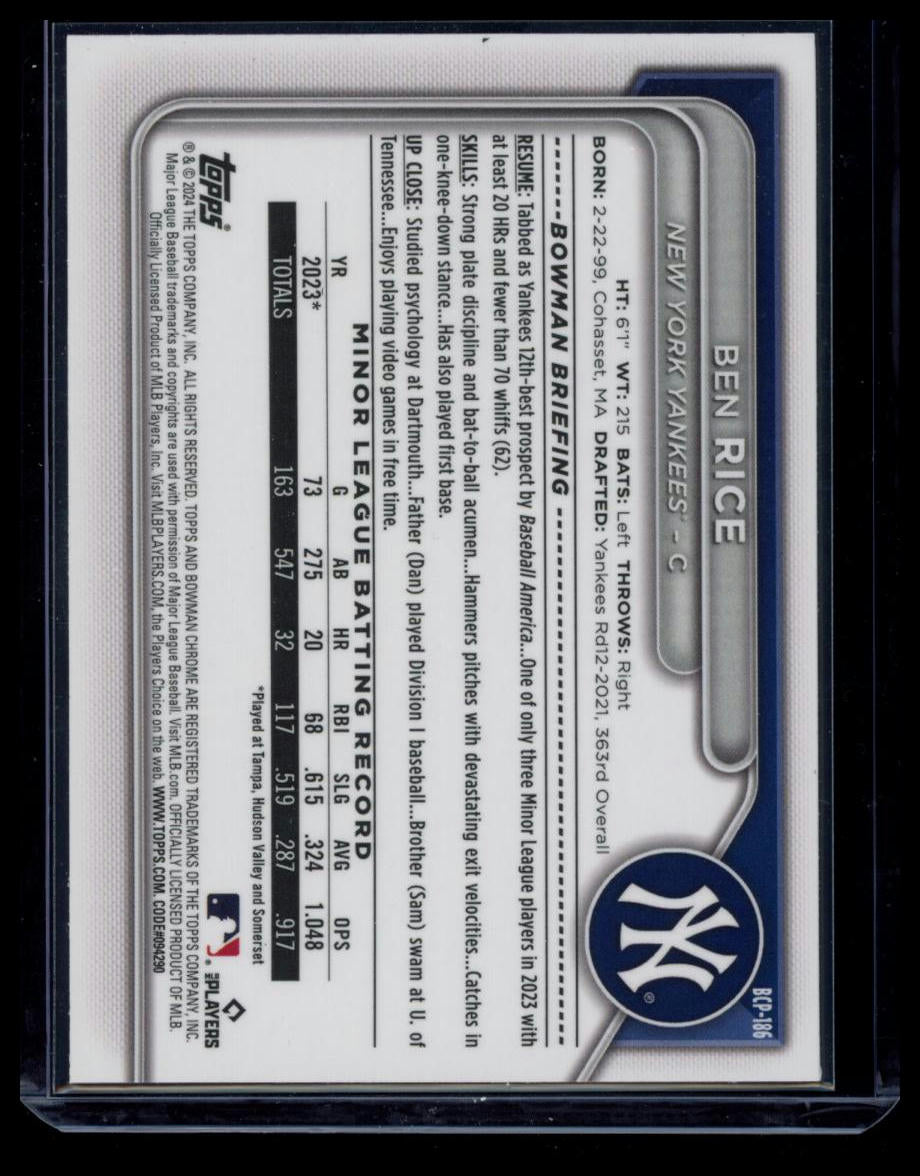 2024 Bowman Chrome Ben Rice #BCP-186 Mojo Refractor 1st Bowman