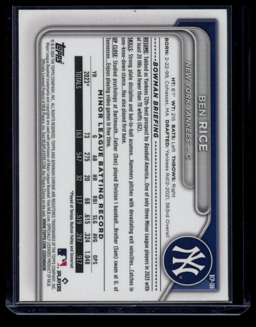 2024 Bowman Chrome Ben Rice #BCP-186 Mojo Refractor 1st Bowman