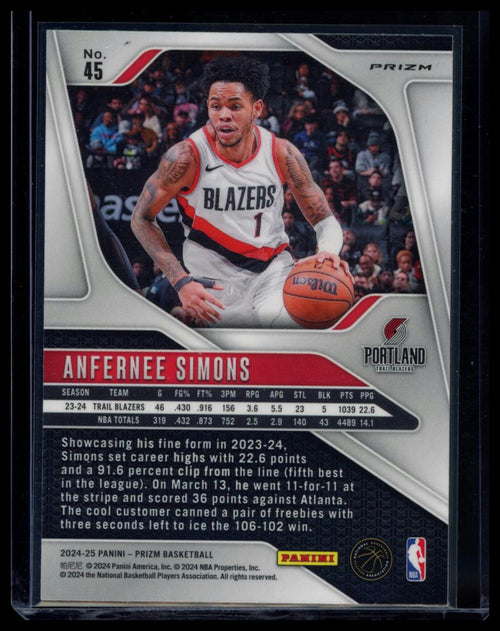 2024 Panini Prizm Anfernee Simons #45 Red Sparkle Short Print