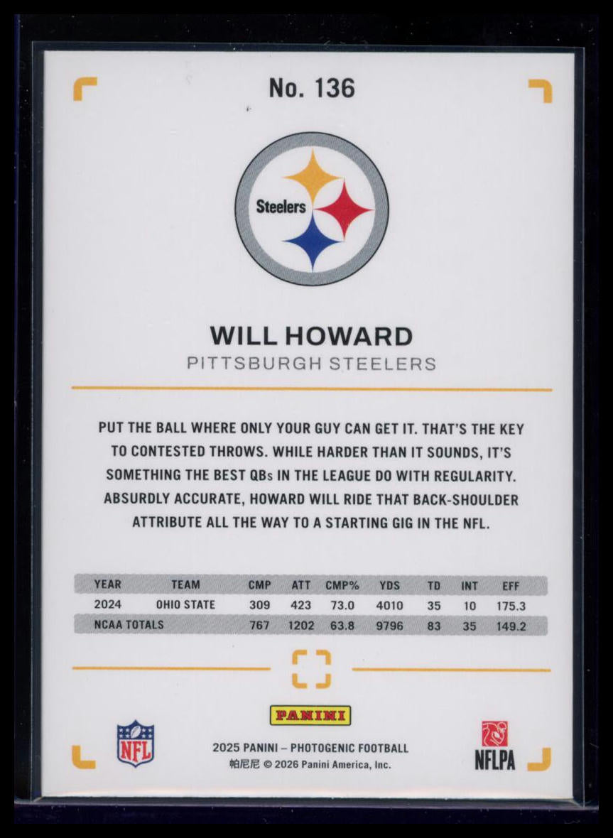 2026 Panini Photogenic Football Will Howard #136 Orange /65 RC