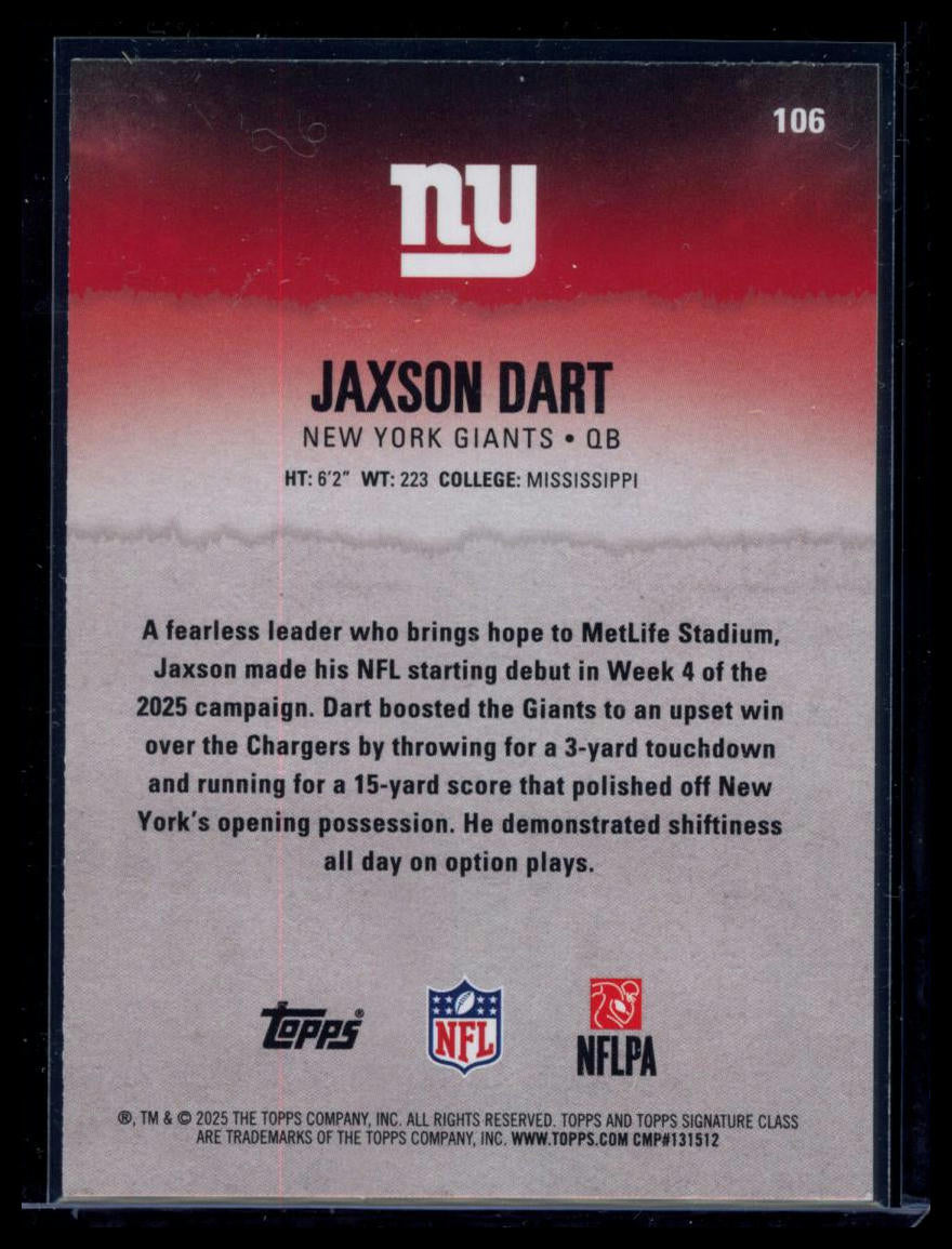 2025 Topps Signature Class Jaxson Dart #106 Yellow & Blue RC