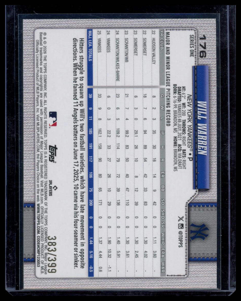 2026 Topps Series One Will Warren #176 /399