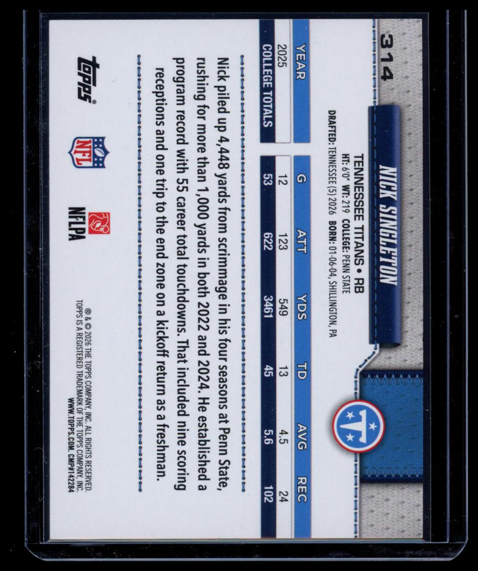 2026 Topps Football Nick Singleton #314 Holofoil RC