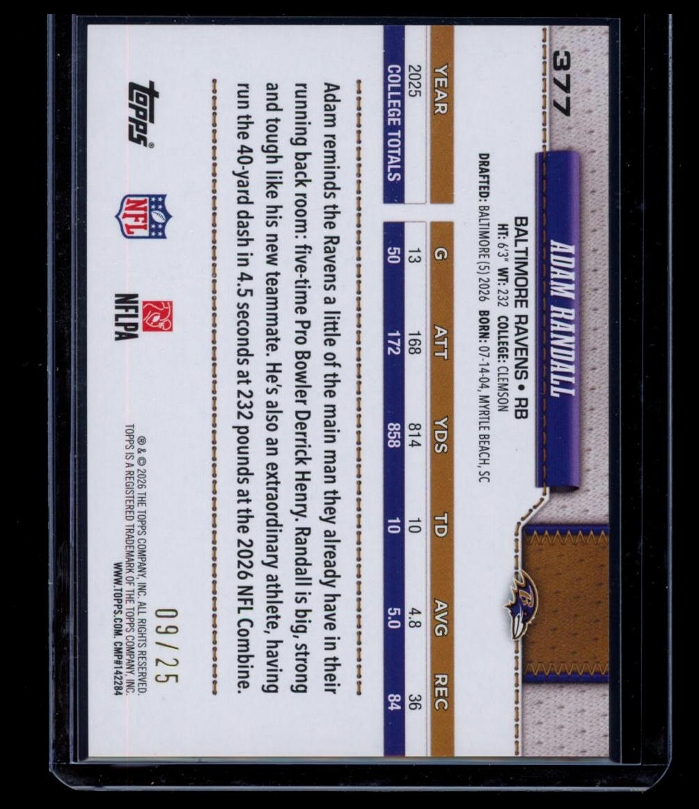 2026 Topps Football Adam Randall #377 Orange /25 RC