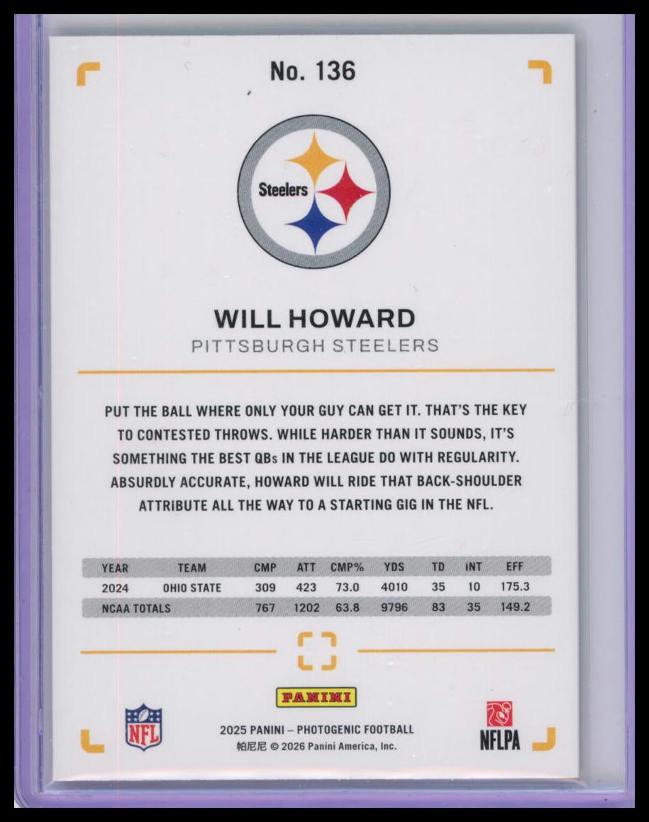 2026 Panini Photogenic Football Will Howard #136 /65 RC